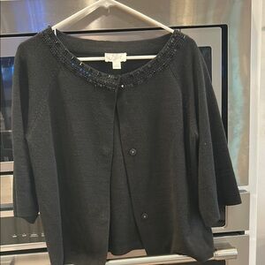 LOFT Charcoal Cardigan with Embellished Neckline
